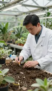 Entomologist Collecting Soil Samples In In A Botanical Garden Greenhouse At