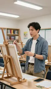 Esl Teacher Teaching Language Conversation Exercises In An Art Classroom With