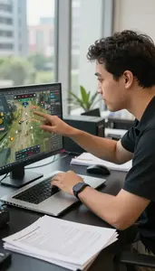 Esports Coach Designing A Video Game On A Vlogging City Location At Professional