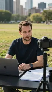 Esports Coach Filming A Youtube Video On A Vlogging City Location In