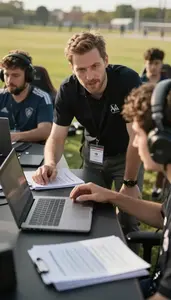 Esports Commentator Coaching An Esports Team In A Content Creator Studio At Work