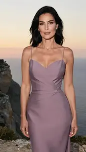 Formal Gown Glamour European Woman With Black Shoulder Length Hair At Sunset