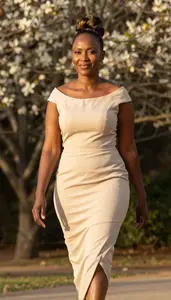 Kenyan Woman In Champagne Soft Cocktail Gown Garden Glamour Portrait Photography