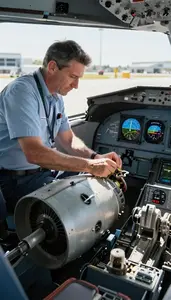 Co Pilot Repairing An Aircraft Engine In An Airplane Cockpit In Professional