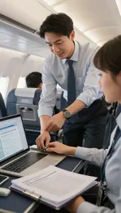 Co Pilot Serving Passengers On An In An Airplane Cockpit At Work Location