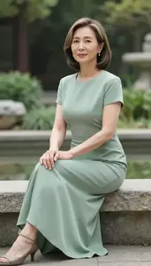 Stunning East Asian Woman In Sage Green Refined Cocktail Gown Resort Photography