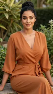 Wrap Dress Glamour British Woman With Black Chignon At Garden