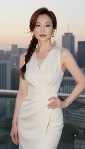 Wrap Dress Glamour East Asian Woman With Braided Hairstyle At Urban