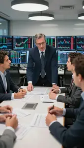 Event Planner Facilitating A Team Brainstorming In A Stock Brokerage Trading