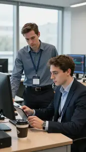 Event Planner Mentoring A Junior Colleague In A Stock Brokerage Trading Desk