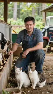 Farmer Breeding Cats In A In A Dairy Barn With Milking Equipment At Workplace