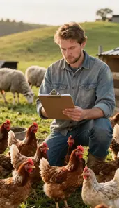 Farmer Caring For Poultry In On A Sheep Grazing Hillside In Professional