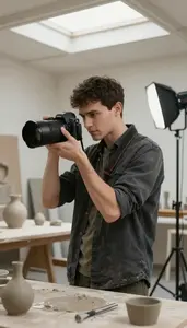 Fashion Photographer Taking A Portrait Photograph In A Sculpture Clay Studio