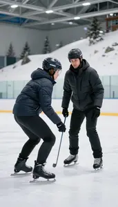 Figure Skating Coach Coaching Ice Hockey On On A Ski Slope In The Mountains