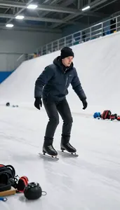 Figure Skating Coach Skiing Down A Snowy On An Ice Figure Skating Rink In Daily