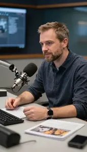 Film Critic Critiquing A Music Album In A Radio Broadcast Booth At Work Location