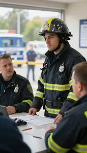 Fire Marshal Investigating A Fire Scene At A Police Station Briefing Room In