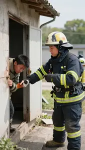 Fire Marshal Rescuing A Person From In A Fire Investigation Laboratory In