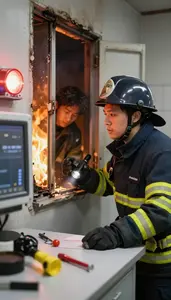 Fire Marshal Rescuing A Person From In A Fire Investigation Laboratory At Work