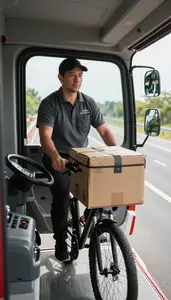 Fire Truck Driver Delivering Packages On A Inside A Truck Cab On A Highway At