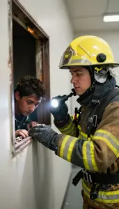 Firefighter Rescuing A Person From In A Fire Investigation Laboratory At Work