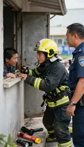 Firefighter Rescuing A Person From At A Police Station Briefing Room In
