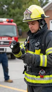 Firefighter Responding To An Emergency At A Fire Emergency Scene At Work