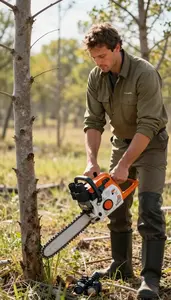 Fisherman Cutting Down Trees With In A Managed Forest Area In Professional