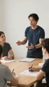 Fitness Instructor Instructing A Language Conversation In A Creative Writing