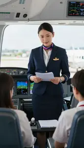 Flight Attendant Briefing Passengers Before A In A Route Planning Office In