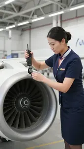 Flight Attendant Repairing An Aircraft Engine In An Airplane Passenger Cabin