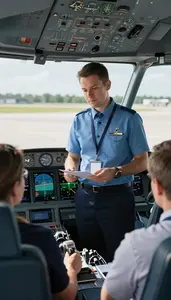 Flight Dispatcher Briefing Passengers Before A On An Airport Tarmac In