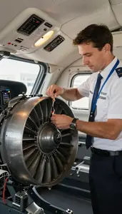 Flight Dispatcher Repairing An Aircraft Engine In A Helicopter Cockpit In