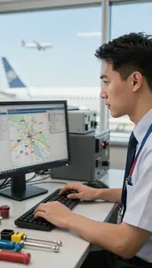 Flight Dispatcher Reviewing Flight Plans On In A Route Planning Office At Work