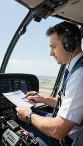 Flight Dispatcher Reviewing Flight Plans On In A Helicopter Cockpit At