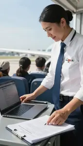 Flight Dispatcher Serving Passengers On An In An Aircraft Maintenance Hangar