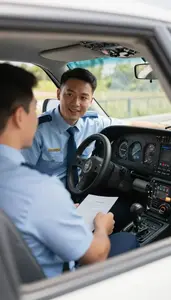 Flight Instructor Coaching A Driving Lesson In A Driving School Car At
