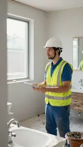 Flooring Installer Renovating A Bathroom With In A Room With New Windows Being
