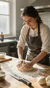 Food Blogger Kneading Dough On A In A Professional Bakery Kitchen At Workplace