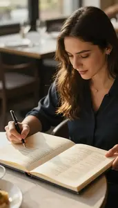Food Blogger Reviewing A Restaurant Menu At A Restaurant Table Reviewing A Menu