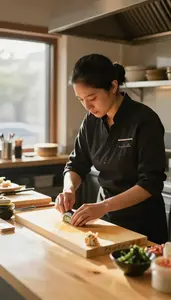 Food Blogger Serving Sushi With Precision In A Restaurant Gourmet Kitchen In
