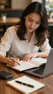 Food Blogger Writing A Food Review At A Restaurant Table Reviewing A Menu In