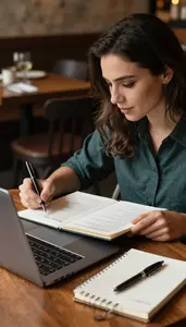 Food Blogger Writing A Food Review At A Restaurant Table Reviewing A Menu At