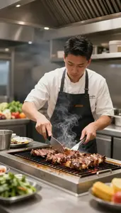 Food Critic Grilling Meat On A At A Restaurant Grill Station At Professional