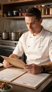 Food Critic Reviewing A Restaurant Menu At A Restaurant Grill Station In Daily