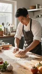 Food Stylist Kneading Dough On A In A Professional Bakery Kitchen At Workplace