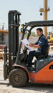 Forklift Operator Driving A Forklift In At An Outdoor Construction Site At
