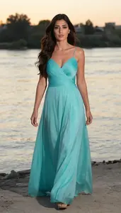 Formal Dress Glamour Lebanese Woman With Brown Long Flowing Hair At Sunset