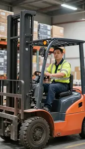 Freight Coordinator Operating A Forklift In In A Freight Logistics Center At