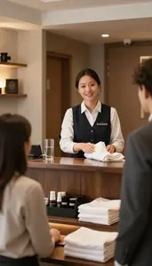 Front Desk Agent Greeting Guests At A In A Hotel Guest Room Being Cleaned At